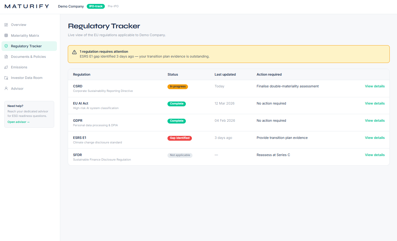 Maturify regulatory tracker